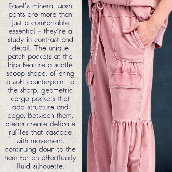 EASEL “Lovin’ It” Cotton Mineral Washed Pants Relax Fit Wide Ruffled Leg Pockets - Picture 5 of 14